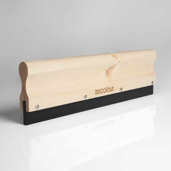 Wooden screen printing squeegee with black rubber blade and ascolour. logo on handle.