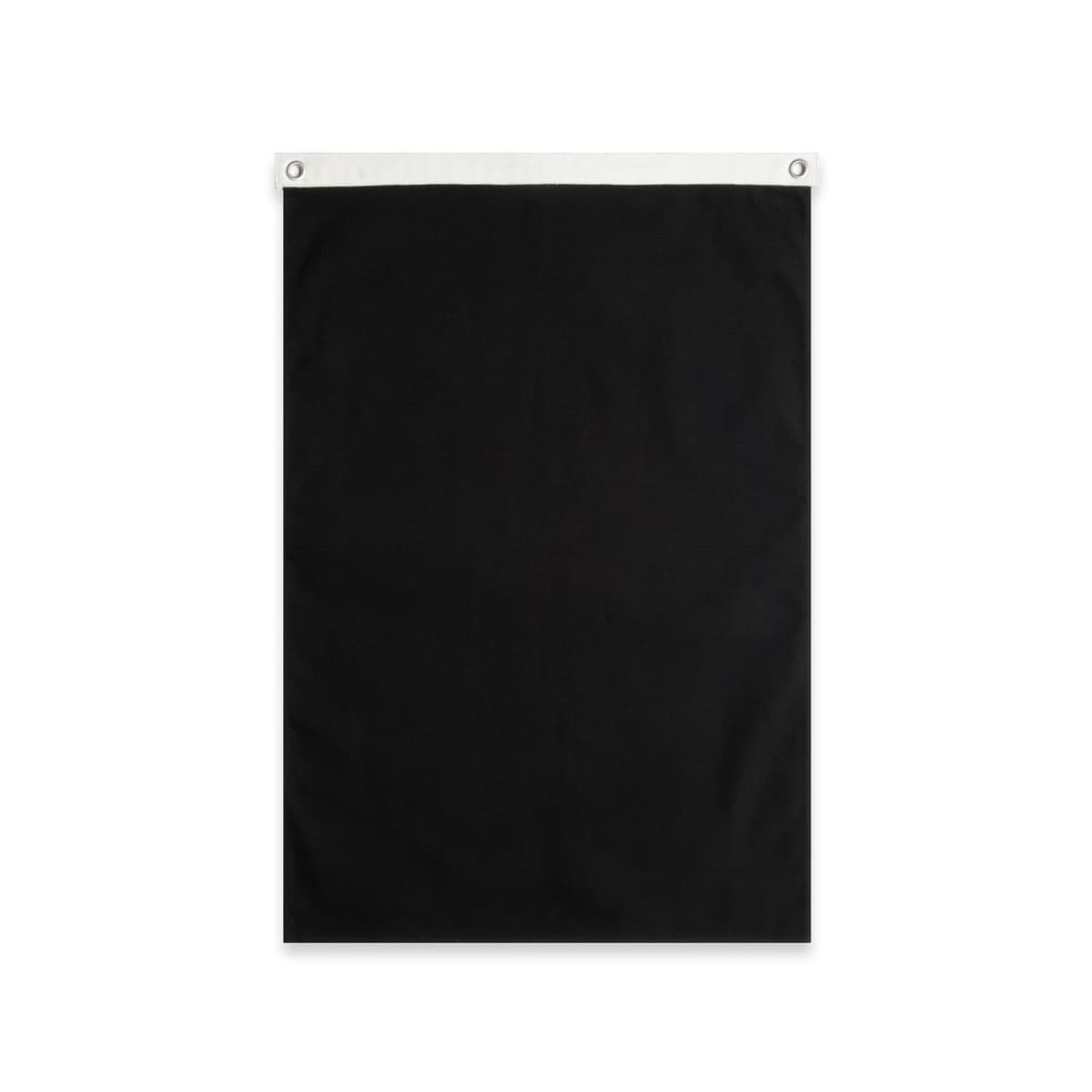 A black fabric banner with a white top edge and two metal grommets for hanging.