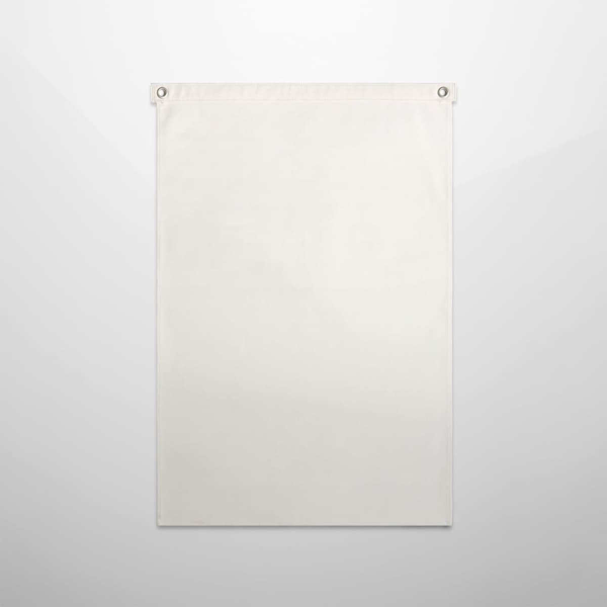 A plain white fabric banner with two metal grommets at the top corners.