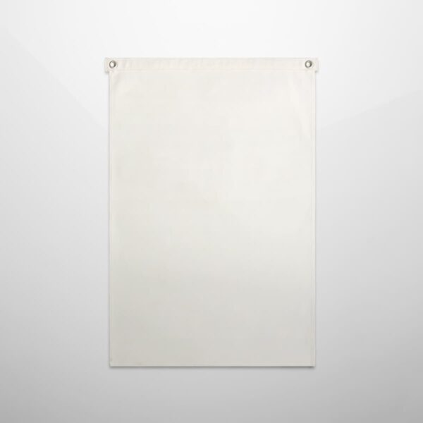 A blank white fabric banner with two metal grommets at the top corners.
