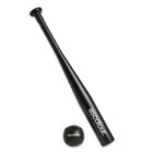 Black baseball bat and ball with ascolour. logo on a white background.