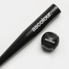 Black baseball bat and ball with ascolour. branding on a white background.