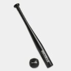 Black baseball bat and ball labeled ascolour on a white background.