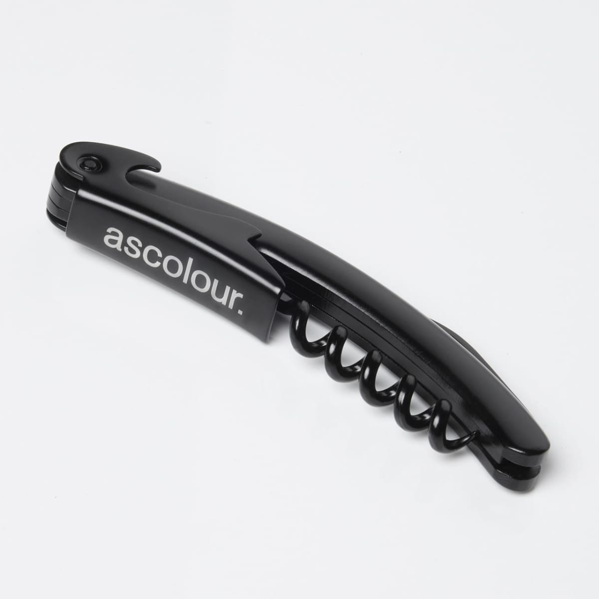 Black corkscrew bottle opener with ascolour. printed on the handle, on a white background.