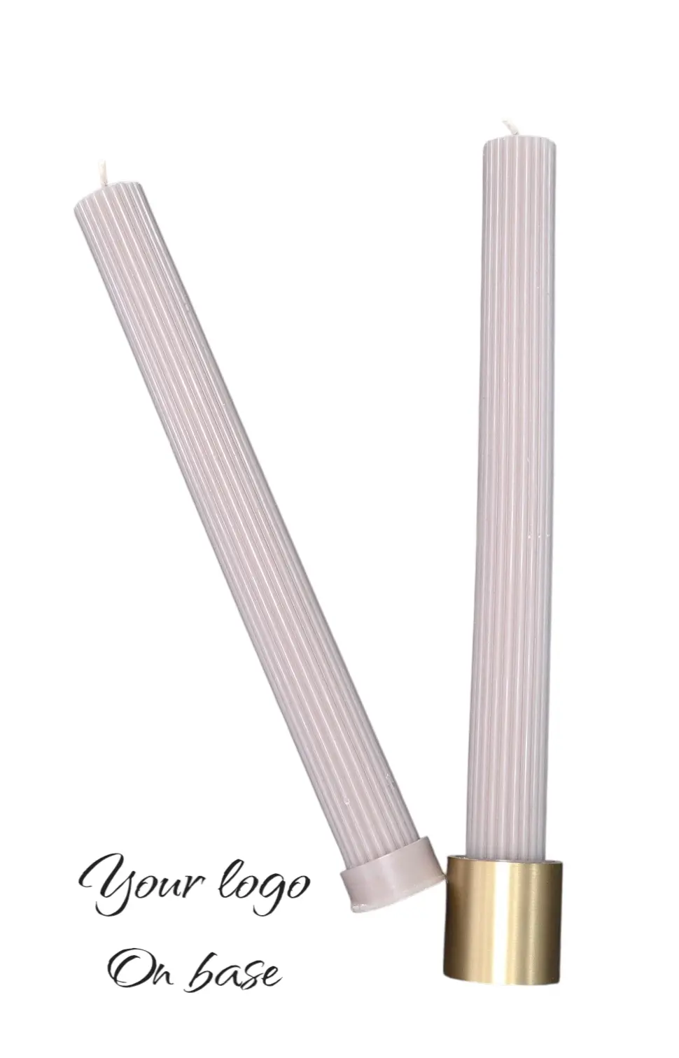 Two ribbed scented candles, one in a gold holder, with brand logo on base—perfect promo gifts.