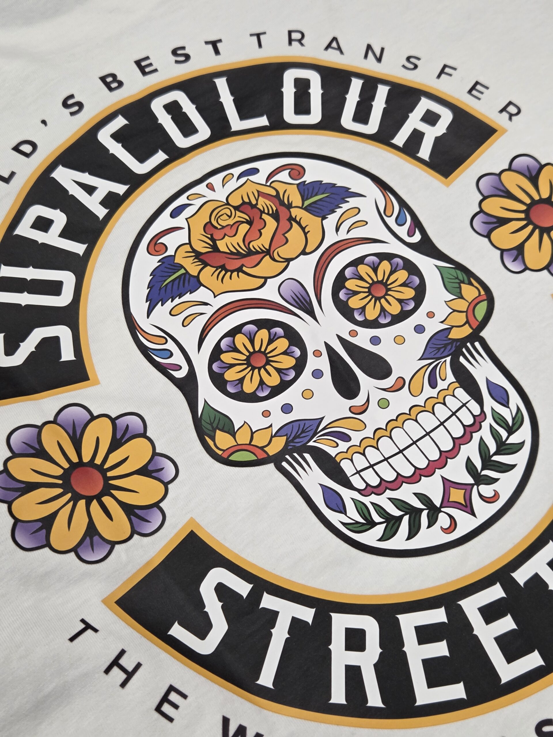 A colorful sugar skull with floral patterns, transfer printing.