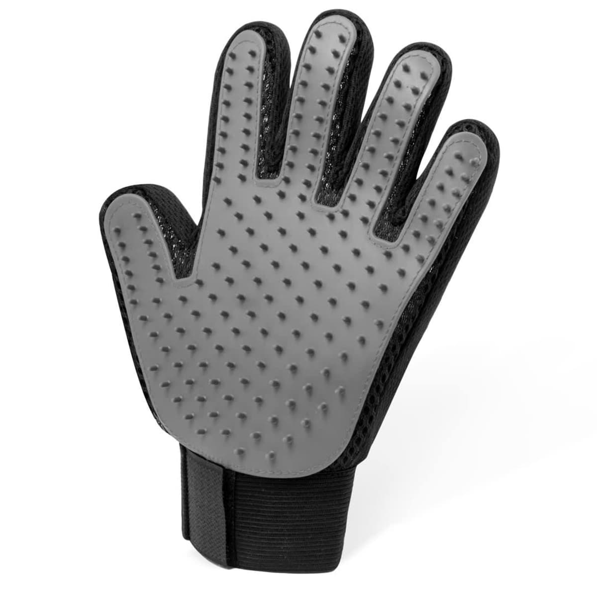 A black pet grooming glove with rubber bristles on the palm and fingers.