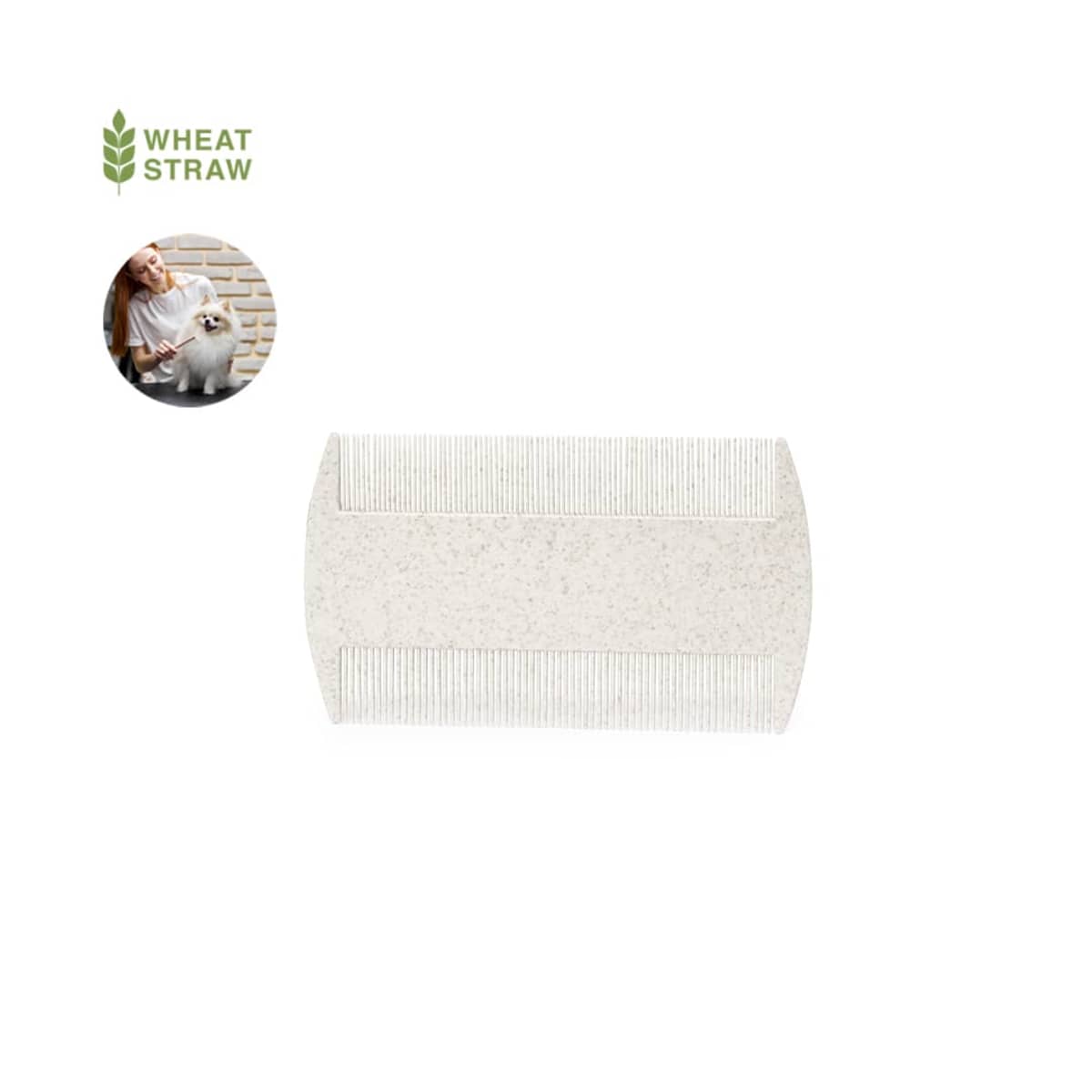 Beige double-sided pet comb made from wheat straw, with a cat and owner in a small circle.