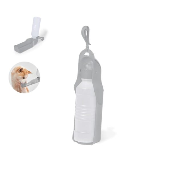 Portable pet water bottle with attached dish and a photo of a cat drinking from it.