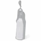 A portable water bottle in a gray holder with a clip for easy carrying.