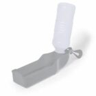 Gray portable pet water bottle with attached drinking tray and white bottle flipped for use.