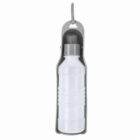 White plastic water bottle with gray cap in a matching gray holder with a hook at the top.