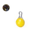 Yellow LED clip-on light with a metal hook; inset shows it attached to a dogs collar.