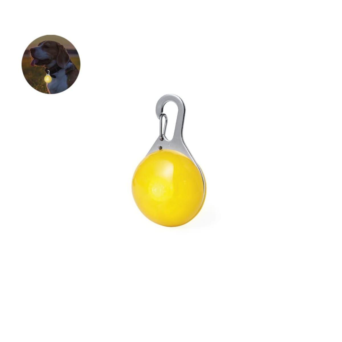 Yellow LED clip-on light with a metal hook; inset shows it attached to a dogs collar.