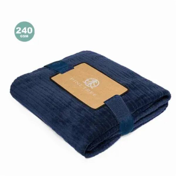Folded dark blue blanket with a brown label, marked 240 GSM in a green circle.