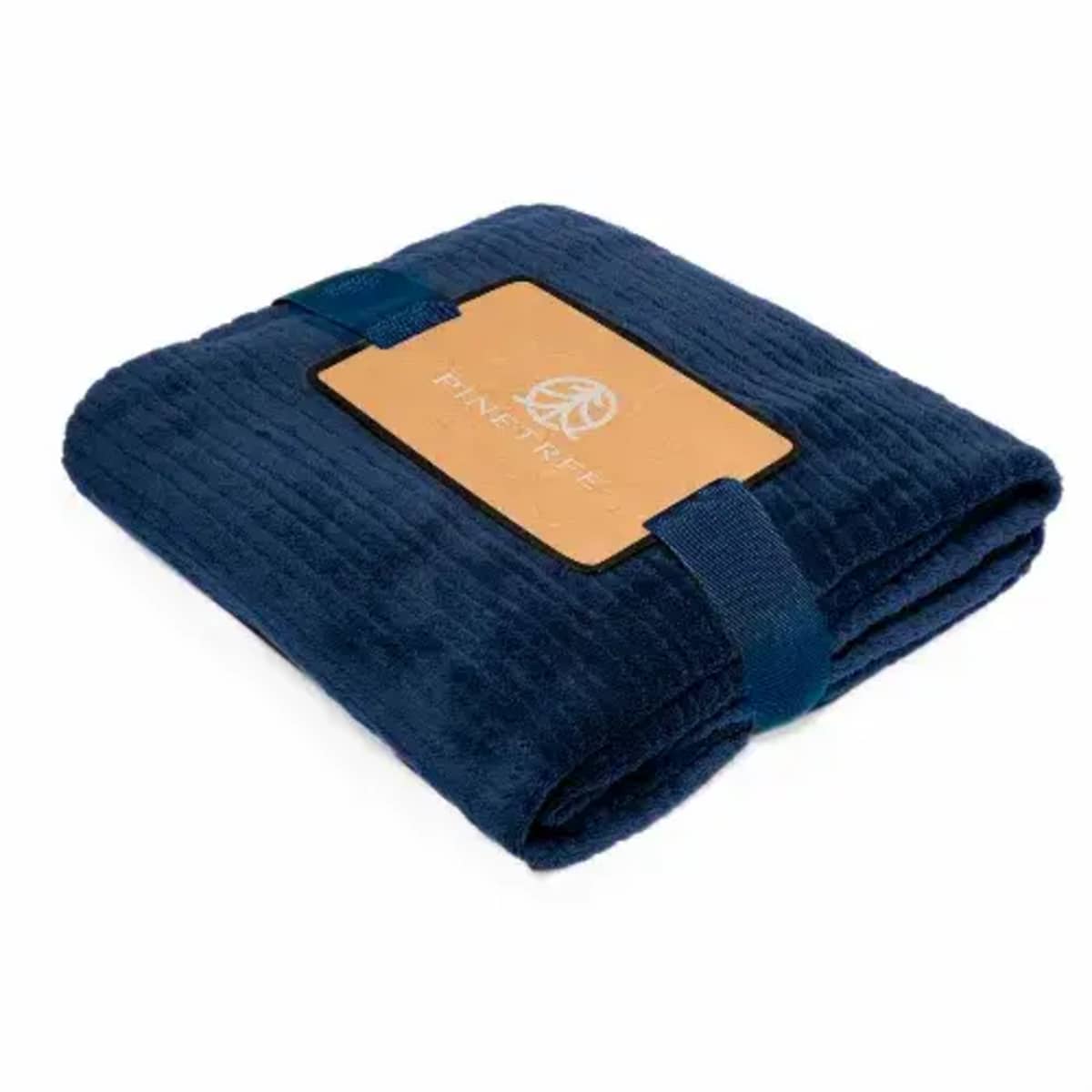 Folded dark blue blanket with a tan label and two blue straps around it.