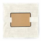 Square white plush photo frame with two side straps and a blank brown center for a photo.