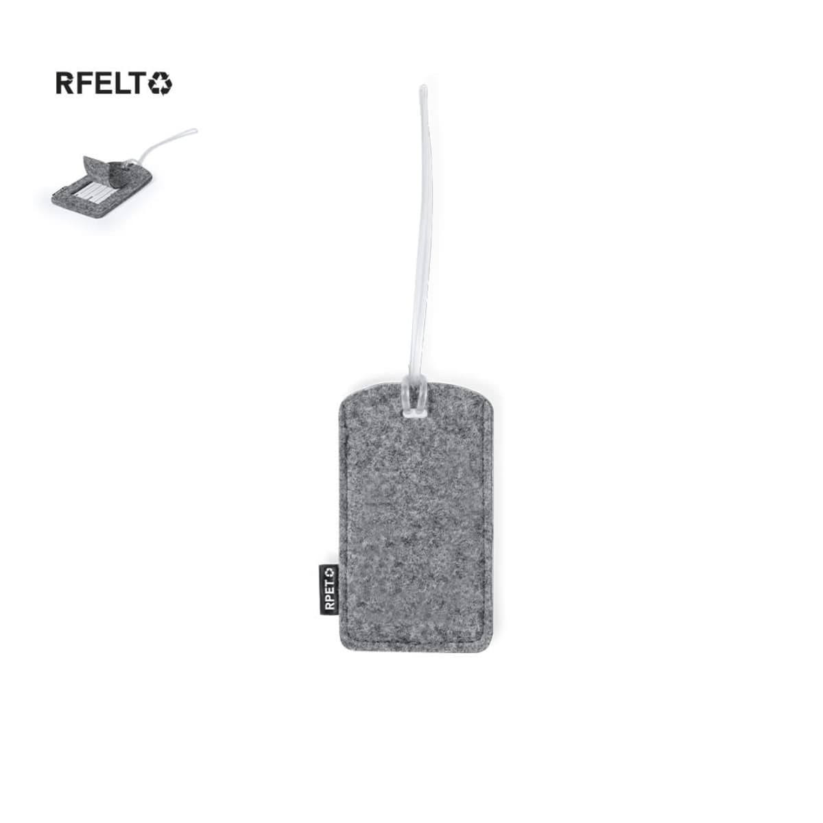 Gray felt luggage tag with a white strap and small RFELT label on the side.