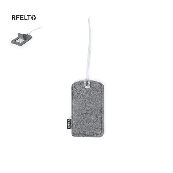 Gray felt luggage tag with a clear strap, displayed on a white background.