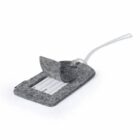 Gray felt luggage tag with a flap, showing a blank identification card inside.