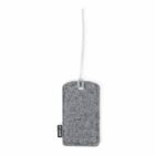 Gray rectangular felt luggage tag with a clear loop strap attached at the top.