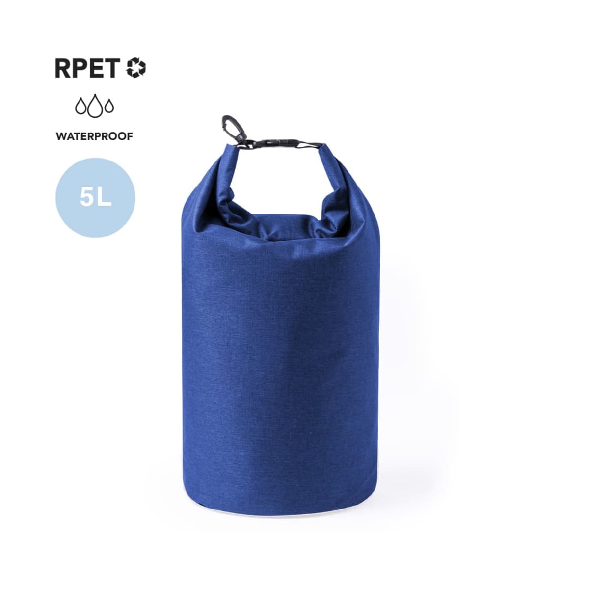 Blue waterproof 5L roll-top bag with RPET recycle symbol on a white background.