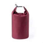A maroon cylindrical dry bag with a black buckle closure at the top.