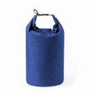 Blue waterproof dry bag with a black clip closure, standing upright on a white background.