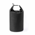 Black cylindrical dry bag with a roll-top closure and a clip, on a white background.