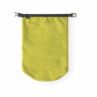 A yellow fabric storage bag with a black roll-top closure and buckle.