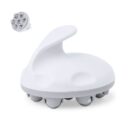 White handheld scalp massager with metal tips and ergonomic handle, on a white background.