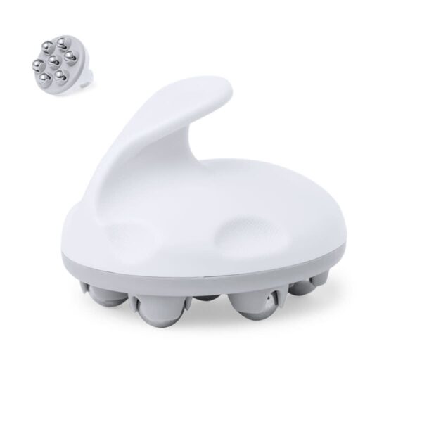 White handheld scalp massager with metal roller knobs and ergonomic handle.