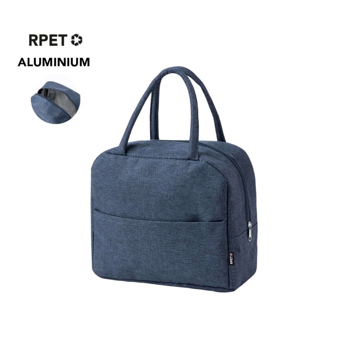 Blue insulated lunch bag with handles and front pocket, made from recycled RPET material.
