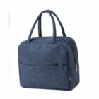 Dark blue fabric lunch bag with two handles and a front pocket, shown on a white background.