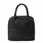 Black fabric handbag with two handles and a front pocket, photographed against a white background.