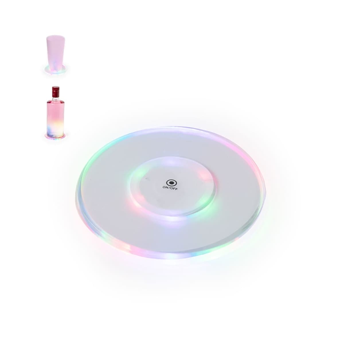 Round LED light-up tray with bottle and glass, both glowing, on a white background.