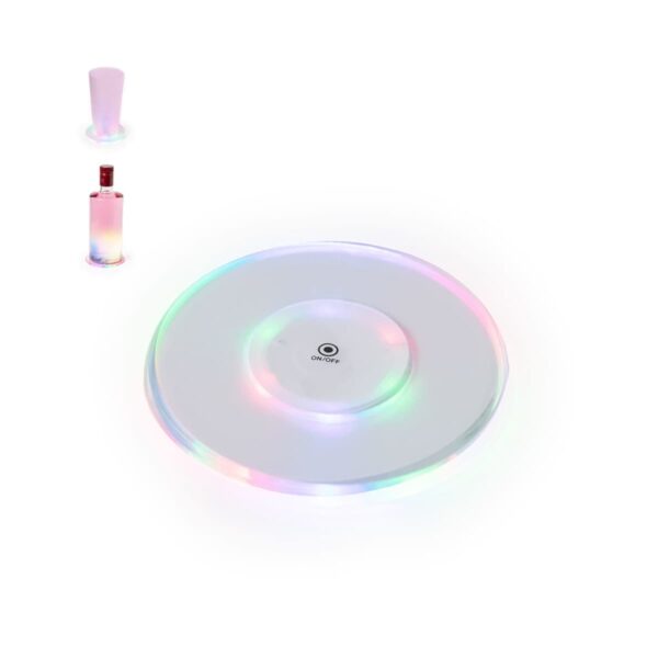 Round LED party tray glowing with colorful lights, with a bottle and glass nearby on white background.