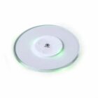 Round white wireless charging pad with a central ON/OFF button and green LED lights.