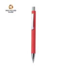 Red pen with silver clip, tip, and top, made from recycled paper.