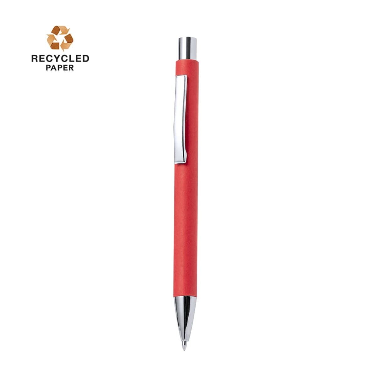 Red pen with silver clip, tip, and top, made from recycled paper.