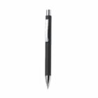 A black retractable ballpoint pen with a silver clip and tip on a white background.