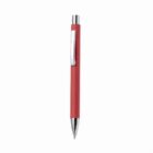 Red ballpoint pen with a silver clip and tip on a white background.