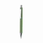 Green retractable ballpoint pen with a silver clip and tip on a white background.