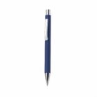 A blue retractable ballpoint pen with a silver clip and tip on a white background.