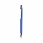 Blue click pen with silver clip and tip on a white background.