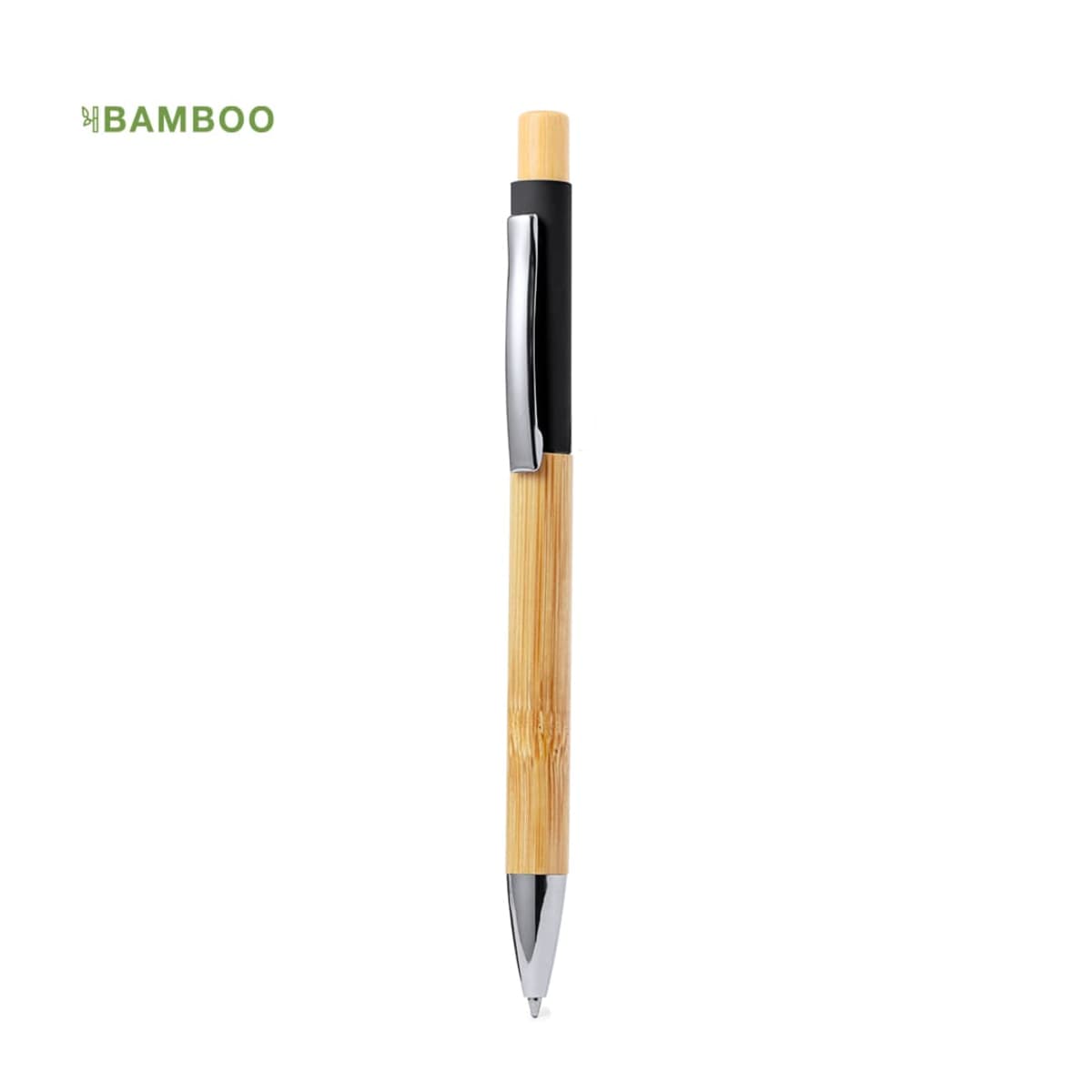 A bamboo ballpoint pen with a metal clip and tip on a white background.