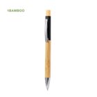 A bamboo pen with black and silver accents on a white background.