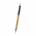 A bamboo ballpoint pen with a silver clip and navy blue accents on a white background.