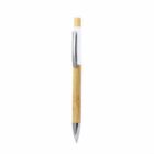 A pen with a bamboo barrel, white clip area, and silver accents, on a white background.