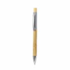 A retractable pen with a bamboo barrel and silver clip, tip, and clicker.